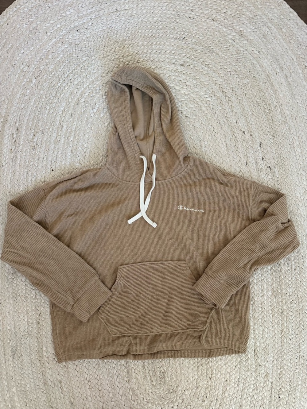 Champion Tan Waffle-Knit Hoodie with White Drawstrings